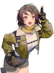 Rule 34 | 1girl, :o, absurdres, black gloves, brown hair, brown shorts, commentary, commission, earhart (neural cloud), english commentary, fur-trimmed jacket, fur trim, girls&#039; frontline, girls&#039; frontline neural cloud, gloves, green jacket, hand on own hip, headset, highres, jacket, looking at viewer, microphone, open clothes, open jacket, open mouth, pixiv commission, red eyes, ren huozhe, salute, short shorts, shorts, simple background, solo, teeth, two-finger salute, upper teeth only, white background