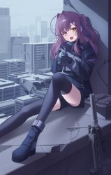 Rule 34 | 1girl, :d, ahoge, angel ina, black footwear, black gloves, black jacket, black shorts, black thighhighs, building, commentary, commentary request, cup, english commentary, gloves, gun, hair intakes, hair ornament, heterochromia, high collar, highres, holding, holding cup, jacket, long hair, long sleeves, looking at viewer, mug, one side up, open mouth, original, outdoors, puffy long sleeves, puffy sleeves, purple hair, red eyes, ruins, shoes, short shorts, shorts, sitting, skyscraper, smile, solo, suppressor, thighhighs, weapon, weapon request, yellow eyes