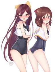 Rule 34 | 2girls, angry, bow, brown hair, cosplay, cowboy shot, crop top, drill hair, embarrassed, hair bow, harukaze (kancolle), highres, i-14 (kancolle), i-14 (kancolle) (cosplay), kamikaze (kancolle), kantai collection, kinsenka momi, long hair, multiple girls, one-piece swimsuit, open mouth, purple eyes, purple hair, red bow, red eyes, ro-500 (kancolle), ro-500 (kancolle) (cosplay), school swimsuit, simple background, swimsuit, teeth, twin drills, upper teeth only, white background, yellow bow