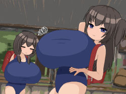 2girls backpack bag breasts gigantic_breasts kikenbuncyo low_twintails multiple_girls oppai_loli pixel_art randoseru school_swimsuit swimsuit twintails