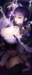 Rule 34 | 1girl, absurdres, arm up, armor, between breasts, black background, black panties, braid, breasts, bridal gauntlets, cleavage, electricity, fingernails, genshin impact, hand on own chest, highres, holding, holding sword, holding weapon, human scabbard, japanese armor, japanese clothes, kimono, large breasts, lips, long hair, long sleeves, looking at viewer, low-braided long hair, low-tied long hair, mitsudomoe (shape), mole, mole under eye, nail polish, obi, obiage, obijime, open mouth, panties, pauldrons, purple eyes, purple hair, purple nails, raiden shogun, saliva, saliva trail, sash, shoulder armor, sidelocks, simple background, single pauldron, solo, sword, sword between breasts, tassel, teeth, teira, thighhighs, thighs, tomoe (symbol), tongue, tongue out, underwear, upper body, upper teeth only, vision (genshin impact), weapon, wide sleeves