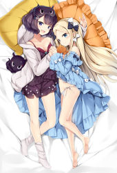 Rule 34 | 2girls, :d, abigail williams (animejapan 2018) (fate), abigail williams (fate), bare legs, barefoot, black bow, black hair, black shorts, blonde hair, blue eyes, bow, closed mouth, fate/grand order, fate (series), hair bow, holding hands, katsushika hokusai (fate), long hair, looking at viewer, loungewear, mask, multiple girls, multiple hair bows, natsume eri, navel, nightgown, octopus, official alternate costume, open mouth, panties, pillow, purple eyes, short hair, shorts, side-tie panties, smile, socks, stuffed animal, stuffed toy, teddy bear, underwear, white bow, white panties