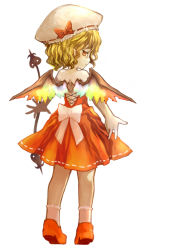 Rule 34 | 1girl, alternate costume, alternate wings, back, backless outfit, bad id, bad pixiv id, blonde hair, daiquiri, dress, expressionless, flandre scarlet, from behind, hat, hat ribbon, laevatein, looking back, mob cap, open hands, outstretched arms, pointy ears, red eyes, ribbon, short hair, sideways glance, simple background, solo, spread arms, touhou, white background, wings