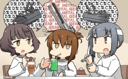 Rule 34 | 3girls, adapted turret, ahoge, alternate costume, blunt bangs, brown eyes, brown hair, cake, cannon, chair, commentary request, dated, drink, drinking, drinking straw, folded ponytail, food, grey hair, hamu koutarou, headband, highres, imagining, inazuma (kancolle), kantai collection, kasumi (kancolle), kishinami (kancolle), long hair, multiple girls, one-hour drawing challenge, short hair, side ponytail, sitting, sweater, table, turret, upper body, wavy hair, white headband, white sweater