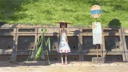 Rule 34 | 1girl, animal, animal request, arms behind back, bag, black hair, blush, brown eyes, brown hat, bug, bus stop, child, closed mouth, commentary request, day, dress, fjsmu, flip-flops, grass, handbag, hat, hat ribbon, highres, looking at viewer, original, outdoors, oversized animal, red footwear, ribbon, sandals, shadow, short hair, sleeveless, sleeveless dress, solo, spaghetti strap, split mouth, standing, straight-on, sun hat, sundress, sunlight, white dress, white ribbon