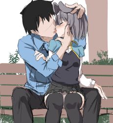 Rule 34 | 1boy, 1girl, alternate costume, animal ears, bench, black hair, black thighhighs, blush, capelet, closed eyes, colorized, couple, faceless, faceless male, french kiss, greatmosu, grey hair, hetero, highres, kiss, long sleeves, mouse ears, nazrin, no eyes, panties, pants, pantyshot, profile, shirt, short hair, sitting, sketch, skirt, spread legs, sweater, thighhighs, touhou, underwear, vest
