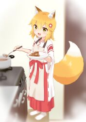 Rule 34 | 1girl, :3, :d, absurdres, animal ear fluff, animal ears, apron, blonde hair, blush, brown apron, commentary request, cooking pot, curry, curry rice, fang, flower, food, fox ears, fox girl, fox tail, hair between eyes, hair flower, hair ornament, hakama, hakama skirt, highres, holding, holding ladle, holding plate, japanese clothes, kimono, ladle, looking at viewer, miko, on chair, on stool, open mouth, plate, red flower, red hakama, ribbon trim, rice, senko (sewayaki kitsune no senko-san), sewayaki kitsune no senko-san, skin fang, skirt, smile, socks, solo, standing, standing on chair, stove, tail, vignetting, white kimono, white socks, wide sleeves, yellow eyes, yutuki ame