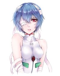 Rule 34 | 1girl, ayanami rei, bandage over one eye, bandaged arm, bandages, bare shoulders, blue hair, breasts, hair between eyes, hair ornament, halterneck, interface headset, looking at viewer, mizunomoto, neon genesis evangelion, parted lips, plugsuit, red eyes, short hair, simple background, sleeveless, small breasts, solo, turtleneck, upper body, white background
