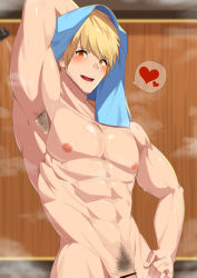 Rule 34 | 1boy, :d, abs, absurdres, after bathing, arm behind head, arm up, armpit hair, armpits, bad id, bad pixiv id, bar censor, bathroom, blonde hair, blue towel, blush, censored, collarbone, completely nude, dripping, hand on own hip, heart, highres, indoors, lif (shuroong), male focus, male pubic hair, muscular, muscular male, navel, nipples, nude, open mouth, orange eyes, original, pectorals, penis, pubic hair, short hair, smile, solo, spoken heart, standing, steam, towel, towel on head, wet