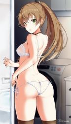 Rule 34 | 10s, 1girl, ass, bra, brown hair, hair ornament, hairclip, high ponytail, kantai collection, kumano (kancolle), looking back, panties, side-tie panties, solo, standing, takaharu, thighhighs, underwear, underwear only, washing machine, white bra, white panties