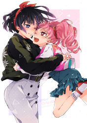 Rule 34 | 2girls, :d, absurdres, animal print, arms around waist, artist name, belt, bishoujo senshi sailor moon, black hair, blue skirt, blunt bangs, blush, bow, buttons, casual, character name, chibi usa, commentary request, face-to-face, green jacket, hair ribbon, hairband, highres, hug, jacket, jersey, long hair, multiple girls, one eye closed, open mouth, pants, pink hair, pink jacket, red eyes, red footwear, red hairband, red ribbon, ribbed legwear, ribbon, shizuyoshi, short hair, sidelocks, skirt, smile, strappy heels, tomoe hotaru, twintails, unicorn, upper body, white background, white jacket, white legwear, white pants