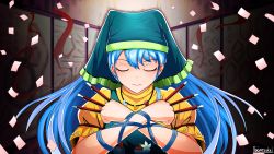 Rule 34 | 1girl, apron, arm ribbon, artist name, between fingers, blue apron, blue hair, closed eyes, confetti, crossed wrists, dress, facing viewer, flower, green headwear, hair between eyes, haniyasushin keiki, highres, holding, hood, jewelry, long hair, magatama, magatama necklace, necklace, puffy short sleeves, puffy sleeves, ribbon, screen, serious, short sleeves, solo, standing, torinosukei, touhou, upper body, very long hair, wood carving tool, yellow dress
