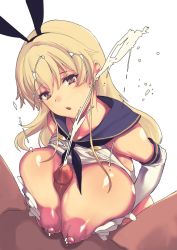 Rule 34 | 1boy, 1girl, alternate breast size, blonde hair, breasts, brown eyes, cum, highres, kantai collection, large breasts, legs, long hair, nipples, nude, open mouth, paizuri, penis, projectile cum, ribbon, shimakaze (kancolle), simple background, spread legs, thick thighs, thighs, uncensored, yodareane