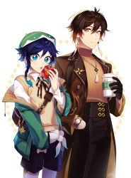 Rule 34 | 2boys, androgynous, apple, blush, bow, bowtie, braid, brooch, casual, closed mouth, coat, commentary, cup, english commentary, food, fruit, genshin impact, gradient hair, green eyes, green jacket, highres, holding, holding cup, holding food, holding fruit, isakysaku, jacket, jewelry, looking at viewer, male focus, multicolored hair, multiple boys, open mouth, pantyhose, shirt, standing, sweater, sweater vest, turtleneck, turtleneck sweater, twin braids, venti (genshin impact), white shirt, yellow eyes, zhongli (genshin impact)