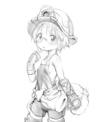 Rule 34 | 1girl, bare shoulders, boots, breasts, child, clothes around waist, female focus, funnyari, glasses, gloves, halterneck, helmet, jacket, jacket around waist, made in abyss, monochrome, no bra, open mouth, overall shorts, overalls, riko (made in abyss), rimless eyewear, small breasts, solo, thigh boots, thighhighs