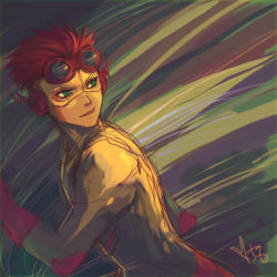 Rule 34 | 1boy, bodysuit, dc comics, flash (series), gloves, goggles, green eyes, heart, kid flash, lowres, male focus, orange hair, running, solo, wally west, young justice: invasion
