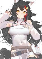 Rule 34 | 1girl, alternate costume, animal ears, armpit cutout, bare shoulders, belt buckle, black hair, blush, breasts, buckle, closed mouth, clothing cutout, commentary request, covered navel, hair ornament, hairpin, highres, hololive, large breasts, leotard, long sleeves, looking at viewer, mitsuru (pixiv 34028718), multicolored hair, ookami mio, puffy long sleeves, puffy sleeves, red hair, shoulder cutout, simple background, skirt, solo, streaked hair, virtual youtuber, white background, white leotard, white shrug, white skirt, wolf ears, wolf girl, yellow eyes