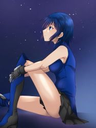 Rule 34 | 1girl, bare shoulders, black gloves, black skirt, blue dress, blue eyes, blue footwear, blue hair, boots, breasts, ciel (tsukihime), closed mouth, commentary request, dress, from side, gloves, highres, looking away, medium breasts, miniskirt, on one knee, pleated skirt, powered ciel, profile, sitting, skirt, sleeveless, sleeveless dress, solo, thighs, tsukihime, tsukihime (remake), vent vert (kuuya)