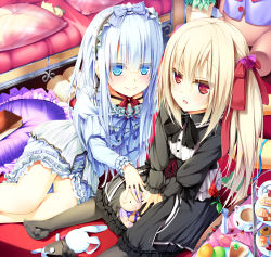 Rule 34 | 2girls, black legwear, blonde hair, blue eyes, blue hair, book, bow, cake, child, couch, cup, cushion, dress, food, gothic lolita, hair ribbon, hairband, highres, lolita fashion, lolita hairband, long hair, macaron, multiple girls, no shoes, open book, original, pantyhose, peragura, red eyes, red upholstery, ribbon, sitting, smile, stuffed animal, stuffed rabbit, stuffed toy, tea, teacup, tiered serving stand, tiered tray, twintails