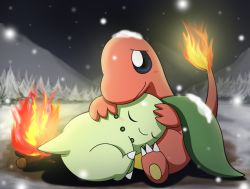 Rule 34 | 1990s (style), charmander, chikorita, creatures (company), fire, flame-tipped tail, game freak, gen 1 pokemon, gen 2 pokemon, nintendo, no humans, pokemon, pokemon (creature), pokemon gsc, pokemon rgby, retro artstyle, sleeping, snow, snowing
