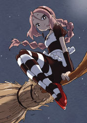 Rule 34 | 1girl, absurdres, braid, breasts, broom, closed mouth, flying, highres, long hair, looking at viewer, original, pantyhose, pink hair, puffy short sleeves, puffy sleeves, short sleeves, single braid, smile, solo, striped clothes, striped legwear, striped pantyhose, yamamoto souichirou