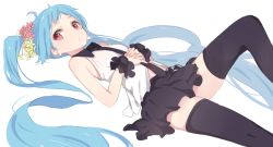 Rule 34 | 1girl, bare shoulders, black skirt, black thighhighs, blue hair, flower, hair flower, hair ornament, hands on own chest, hands on stomach, hatsune miku, kojiki-life, long hair, looking at viewer, red eyes, simple background, skirt, sleeveless, solo, thighhighs, twintails, very long hair, vocaloid, white background, zettai ryouiki