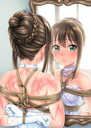 Rule 34 | 10s, 1girl, absurdres, back, bare shoulders, bdsm, blush, bondage, bound, braid, braided bun, breasts, brown hair, collarbone, crying, crying with eyes open, dress, earrings, elbow gloves, gloves, green eyes, hair bun, highres, idolmaster, idolmaster cinderella girls, jakelian, jewelry, looking at mirror, looking at viewer, medium breasts, mirror, parted lips, reflection, restrained, scar, shibuya rin, short hair, single hair bun, solo, sweat, tears, upper body, wedding dress, whip marks, white gloves