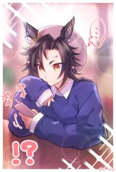 Rule 34 | !?, 1girl, air shakur (umamusume), alternate costume, animal ears, black hair, blue sweater, blurry, blurry background, closed mouth, collared shirt, commentary request, ears through headwear, elbow rest, eyebrow piercing, glint, grey hat, hat, highres, holding, holding phone, horse ears, lens flare, long hair, parted bangs, phone, piercing, shirt, sleeves past wrists, solo, sound effects, sparkle, sweater, table, thought bubble, tsutsu (hinanjo 22), twitter username, umamusume, upper body, white shirt, yellow eyes