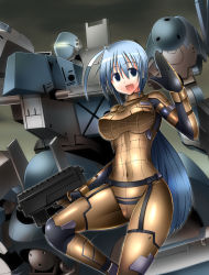 Rule 34 | 1girl, ahoge, armored core, blue hair, bodysuit, breasts, female focus, from software, gradient background, gun, long hair, mecha, ment, navel, open mouth, ponytail, robot, skin tight, smile, solo, weapon