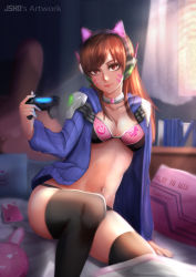 Rule 34 | 1girl, adapted costume, animal ear headphones, animal ears, animal print, arm at side, artist name, axent wear, bed, bed sheet, black panties, black thighhighs, blue jacket, book, bra, breasts, brown eyes, brown hair, cat ear headphones, cat ears, cellphone, character name, cleavage, clothes writing, collarbone, controller, curtains, d.va (overwatch), dualshock, eyelashes, facepaint, facial mark, fake animal ears, game controller, gamepad, groin, hand up, headphones, highres, hood, hood down, hooded jacket, indoors, jacket, long hair, long sleeves, looking at viewer, medium breasts, midriff, navel, on bed, open clothes, open jacket, overwatch, overwatch 1, panties, phone, pillow, pink bra, pink lips, playstation controller, rabbit print, ribbed jacket, shoulder pads, sitting, smartphone, smile, solo, stomach, swept bangs, thighhighs, underwear, whisker markings, window, yona (pixiv12827103)