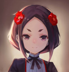 Rule 34 | 1girl, absurdres, black hair, black ribbon, closed mouth, flower, hair flower, hair ornament, highres, looking at viewer, neck ribbon, parted bangs, pink eyes, princess principal, ribbon, sc068, short hair, smile, solo, toudou chise, upper body, v-shaped eyebrows