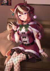 Rule 34 | 1girl, :d, black choker, black skirt, blush, bow, breasts, brown hair, choker, cleavage, commentary request, couch, dress, feet out of frame, fishnet thighhighs, fishnets, fur-trimmed dress, fur-trimmed headwear, fur trim, green bow, hand up, hat, highres, indoors, long hair, looking at viewer, medium breasts, multicolored hair, on couch, open mouth, pillow, pleated skirt, purin jiisan, purple eyes, red dress, red hat, santa costume, santa hat, sitting, skirt, smile, solo, streaked hair, symboli rudolf (umamusume), thighhighs, umamusume, v, very long hair, white hair