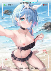 Rule 34 | 1girl, absurdres, arona (blue archive), bare arms, bare legs, bare shoulders, barefoot, battery indicator, beach, bikini, black bikini, black choker, blue archive, blue eyes, blue hair, blue halo, blush, braid, breasts, choker, colored inner hair, day, frilled bikini, frills, halo, highres, looking at viewer, multicolored hair, nipples, outdoors, parted lips, pink hair, short hair, single braid, sitting, small breasts, solo, swimsuit, viewfinder, wariza, water, zi yue liuli