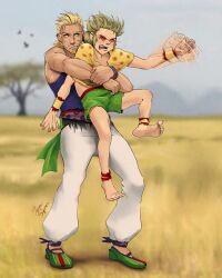 Rule 34 | 2boys, age difference, angry, animal print, ankle wrap, armlet, attack, baggy pants, barefoot, belt, blonde hair, dirty blonde, facial hair, fang, feet, fighting stance, final fantasy, final fantasy vi, floral print, full body, furious, gau, glowing, glowing eyes, green hair, green shorts, holding, leopard print, male focus, multiple boys, muscular, muscular male, one leg raised, open mouth, pants, red eyes, restrained, sabin rene figaro, sash, shawl, shoes, shorts, spots, stubble, topless male, training, waving arms, white background