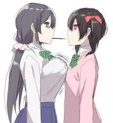 Rule 34 | 10s, 2girls, absurdres, arm at side, asymmetrical docking, black hair, bow, bowtie, breast press, breasts, eye contact, face-to-face, flat chest, food, from side, green eyes, hair between eyes, highres, inconvenient breasts, large breasts, long hair, long sleeves, looking at another, love live!, love live! school idol project, motion lines, multiple girls, pink eyes, pocky, pocky day, pocky kiss, school uniform, scrunchie, shared food, shironboako, simple background, standing, striped bow, striped bowtie, striped clothes, striped neckwear, symmetrical docking, tojo nozomi, twintails, white background, yazawa nico
