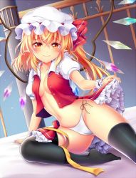 Rule 34 | 1girl, bad id, bad twitter id, black thighhighs, blonde hair, blush, breasts, cameltoe, center opening, closed mouth, crystal, flandre scarlet, frilled shirt collar, frilled skirt, frills, hat, hat ribbon, looking at viewer, midriff, mob cap, navel, open clothes, open shirt, orange eyes, panties, pointy ears, puffy short sleeves, puffy sleeves, red ribbon, ribbon, rimu (kingyo origin), shirt, short sleeves, side-tie panties, side ponytail, skirt, unworn skirt, slit pupils, small breasts, smile, solo, stomach, thighhighs, touhou, underwear, undressing, white panties, wings