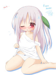 Rule 34 | 1girl, ;o, bare legs, bare shoulders, barefoot, blonde dog girl (ri-net), blush, bow, bow panties, clothes lift, collarbone, colored shadow, dress, dress lift, english text, flying sweatdrops, fuyuno usako, grey hair, hair between eyes, hair ornament, highres, leaf hair ornament, lifting own clothes, long hair, nose blush, one eye closed, one side up, original, panties, parted bangs, parted lips, red eyes, ri-net, shadow, sitting, sleeveless, sleeveless dress, solo, strap slip, underwear, very long hair, wariza, white background, white dress, white panties