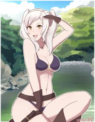 Rule 34 | 1girl, absurdres, beach, bikini, breasts, cape, cleavage, day, fire emblem, fire emblem awakening, fire emblem heroes, highres, long hair, nintendo, robin (female) (fire emblem), robin (fire emblem), sarukaiwolf, solo, swimsuit, twintails, underboob, white hair
