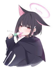Rule 34 | 1girl, absurdres, animal ears, black choker, black hair, black jacket, blue archive, blush, cat ears, cat girl, choker, colored inner hair, commentary request, cropped torso, dango, eating, food, from side, futagoma, halo, highres, holding, holding food, hood, hood down, hooded jacket, jacket, kazusa (blue archive), long sleeves, looking at viewer, multicolored hair, pink eyes, pink hair, simple background, solo, striped clothes, striped jacket, wagashi, white background