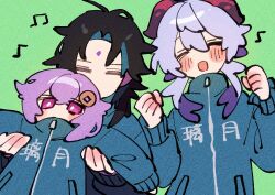 1boy 2girls black_hair blue_hair blush closed_eyes forehead_jewel ganyu_(genshin_impact) genshin_impact goat_horns green_background green_jacket hands_up horns jacket multiple_girls nploser open_mouth parted_bangs purple_eyes purple_hair qiqi_(genshin_impact) sidelocks simple_background smile track_jacket xiao_(genshin_impact)