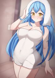 Rule 34 | absurdres, after bathing, arm at side, bare arms, blue hair, blurry, blurry background, breasts, cleavage, closed mouth, covered navel, cowboy shot, curvy, hair between eyes, hand up, hashira 14, highres, hololive, indoors, large breasts, light blush, long hair, looking at viewer, smile, standing, straight hair, thighs, towel, towel on head, virtual youtuber, yellow eyes, yukihana lamy
