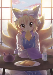 Rule 34 | 1girl, aburaage, backlighting, blonde hair, blush, crossed arms, female focus, food, fox tail, hat, indoors, kuguri oimo, mouth hold, multiple tails, shade, short hair, sitting, solo, table, tail, teapot, tofu, touhou, yakumo ran, yellow eyes