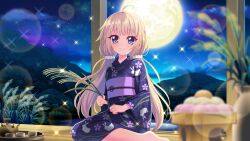 Rule 34 | 1girl, ahoge, animal print, barefoot, blue eyes, blue kimono, blurry, blurry foreground, chasen, closed mouth, cloud, cup, dango, dot nose, film grain, floral print, food, full moon, game cg, hair ornament, hair scrunchie, holding, holding plant, itsumura haruka, izumi tsubasu, japanese clothes, kimono, lake, light brown hair, long hair, looking at viewer, low twintails, moon, mountain, night, night sky, non-web source, obi, official art, plant, rabbit print, re:stage!, reflection, reflective water, rice stalk, sash, scrunchie, sitting, sky, smile, solo, sparkle, star (sky), starry sky, teapot, tsukimi dango, twintails, very long hair, wagashi, wariza, white scrunchie, yunomi