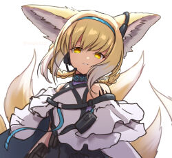 Rule 34 | 1girl, animal ears, arknights, bare shoulders, blonde hair, blue hairband, braid, braided hair rings, frilled sleeves, frills, hairband, infection monitor (arknights), material growth, multiple tails, no pupils, oripathy lesion (arknights), ovolo123, shirt, short hair, simple background, sketch, smile, solo, strap, suzuran (arknights), tail, tail raised, twitter username, upper body, watermark, white background, white shirt, yellow eyes, yellow tail