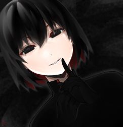 Rule 34 | 1girl, absurdres, androgynous, black background, black eyes, black gloves, black hair, black jacket, colored inner hair, commentary, dutch angle, empty eyes, finger to mouth, gakuran, gloves, hair between eyes, highres, index finger raised, jacket, looking at viewer, monogatari (series), multicolored hair, naoetsu high school uniform, oshino ougi, parted lips, piancaesar, red hair, romaji commentary, school uniform, smile, solo