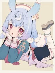 Rule 34 | 1girl, absurdres, animal ears, apron, blue hair, blue jacket, border, feet up, genshin impact, gloves, hair ornament, hat, head rest, highres, jacket, long sleeves, looking at viewer, lying, medium hair, nurse cap, on stomach, parted lips, pom pom (clothes), pom pom hair ornament, r0us0ku, red eyes, sigewinne (genshin impact), simple background, solo, white apron, white border, white gloves, white hat