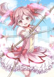 Rule 34 | 1girl, absurdres, bow, bow (weapon), bubble skirt, choker, commentary request, cowboy shot, facing viewer, gloves, hair bow, highres, kaname madoka, kaname madoka (magical girl), leg up, looking at viewer, magical girl, mahou shoujo madoka magica, mahou shoujo madoka magica (anime), open mouth, pink bow, pink eyes, pink hair, puffy short sleeves, puffy sleeves, red choker, short sleeves, short twintails, skirt, smile, solo, soul gem, spinning, teeth, twintails, ukiukikiwi2525, upper teeth only, weapon, white gloves