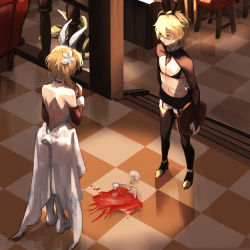 Rule 34 | 1boy, 1girl, accident, aether (genshin impact), alcohol, alternate costume, backless dress, backless outfit, bikini, bikini top only, black bikini, black thighhighs, blonde hair, braid, braided ponytail, broken glass, brother and sister, champagne, checkered floor, crossdressing, cup, dress, drink, drinking glass, garter straps, genshin impact, glass, half-closed eyes, high heels, indoors, kizuku vii, leotard, lumine (genshin impact), rabbit tail, shaded face, siblings, standing, sweatdrop, swimsuit, tail, tavern, thighhighs, trap, white dress, white thighhighs, yellow eyes