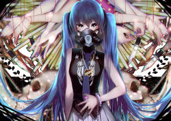 Rule 34 | 1girl, aqua hair, arm behind back, artist name, black nails, black shirt, blurry, blush, cuffs, depth of field, extra arms, gas mask, hair between eyes, hand gesture, handcuffs, hatsune miku, head tilt, heart, heart necklace, highres, hona (platinum egg), jewelry, knife, long hair, looking at viewer, mask, nail polish, necklace, necktie, out of frame, pleated skirt, purple necktie, reversible campaign, reversible campaign (vocaloid), shirt, skirt, skull, sleeveless, sleeveless shirt, solo focus, star (symbol), star print, string, string of fate, twintails, very long hair, vocaloid, white skirt, yellow eyes