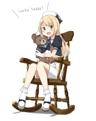 Rule 34 | 1girl, annin musou, bad id, bad twitter id, blonde hair, blue eyes, blush stickers, bow, chair, commentary request, hugging doll, english text, footwear bow, gloves, hat, hat bow, highres, jervis (kancolle), kantai collection, long hair, looking at viewer, hugging object, open mouth, rocking chair, sailor hat, school uniform, shadow, shoes, sitting, smile, socks, solo, stuffed animal, stuffed toy, teddy bear, white gloves